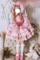 Pink [Velvet Cake] Long Trumpet Sleeves Multi-Layered Ruffle Bowknot Lace Sweet Lolita Dress - Product - 5