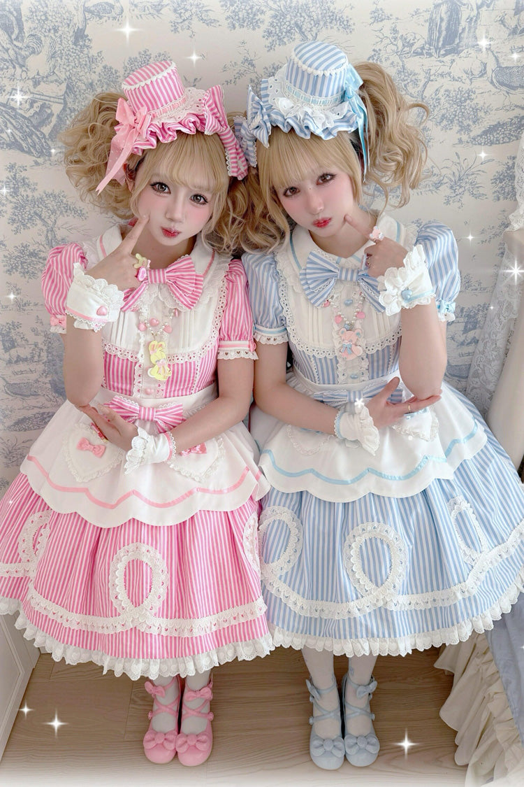 [A Day as a Candy Shop Owner] Peter Pan Collar Short Sleeves Printed Bow Sweet Lolita Dress 3 Colors (Red, Blue, Pink) - Product - 4