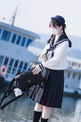 White/Dark Blue Long Sleeves Sweet Japanese School Skirt Set - Product - 6