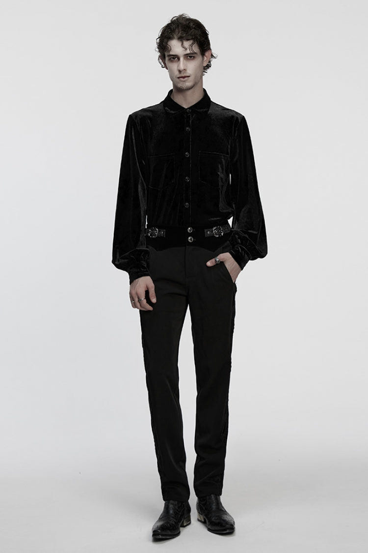 Black Lapel Collar Long Puff Sleeves Men's Gothic Blouse - Product - 4