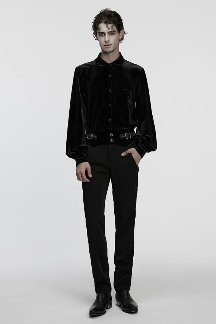 Black Lapel Collar Long Puff Sleeves Men's Gothic Blouse - Product - 4