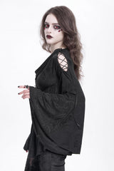 Black Long Trumpet Sleeves Print Embroidery Women's Gothic Blouse - Product - 4