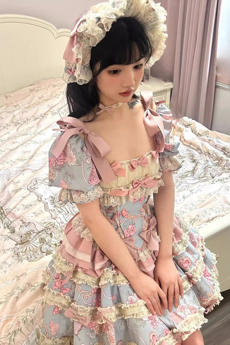 Blue/Pink [Gem Rose] Multi-Layered Ruffle Bowknot Lace Sweet Princess Lolita Skirt 2 Versions - Product - 8