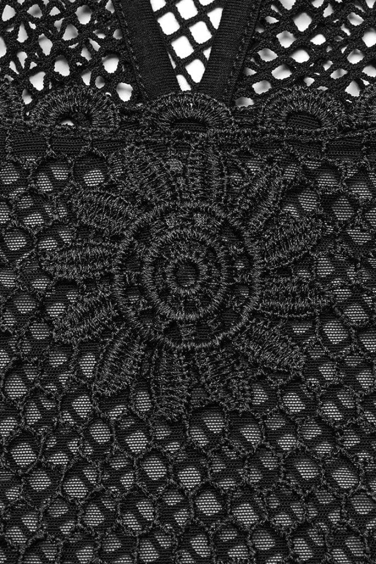 Black Hollow Embroidery Lace Sheer Mesh Adjustable Drawstring Womens Gothic Vest - Product - 5