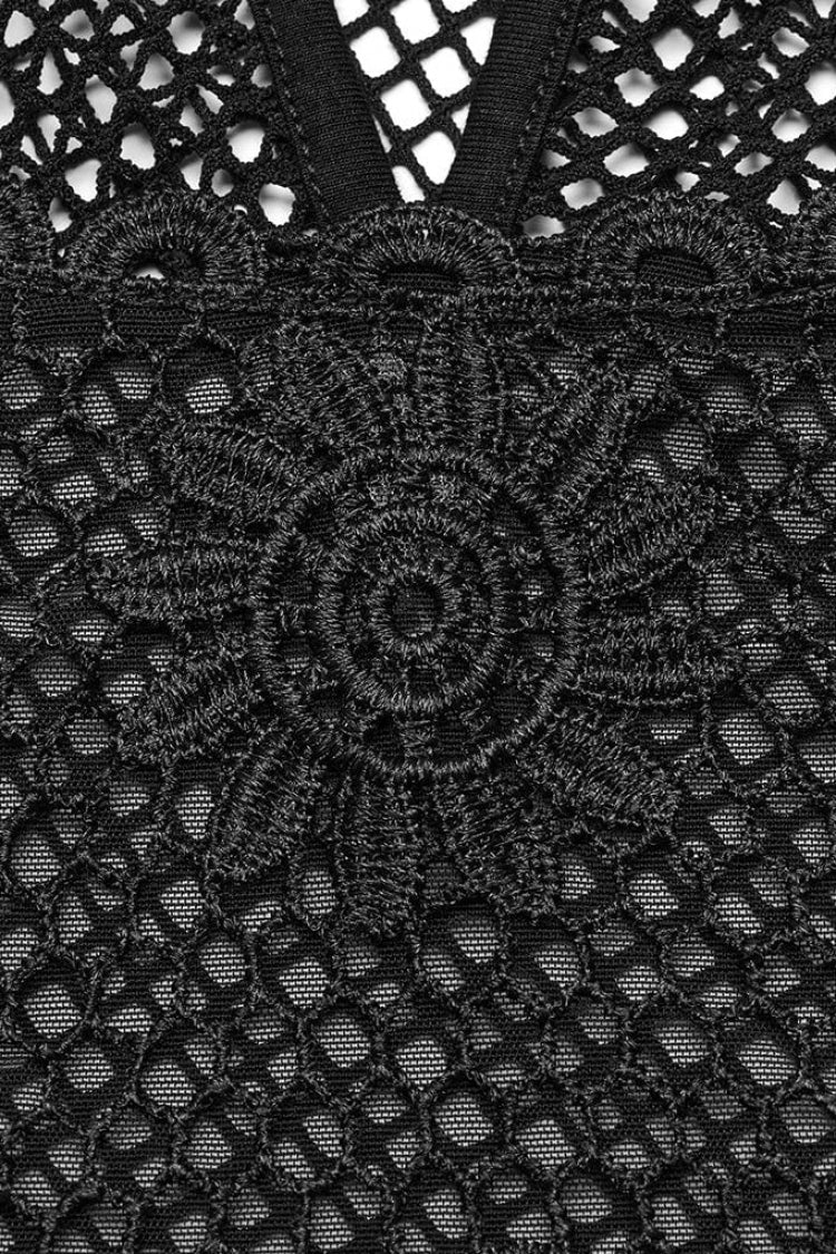 Black Hollow Embroidery Lace Sheer Mesh Adjustable Drawstring Womens Gothic Vest - Product - 5