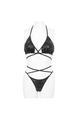 Black Pentagram Effect Print Sexy Strap Women's Gothic Swimsuit Set - Product - 5