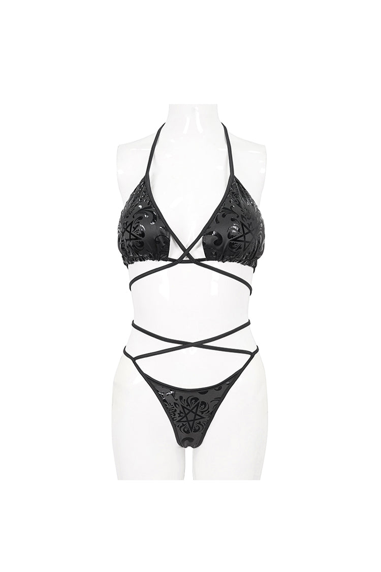 Black Pentagram Effect Print Sexy Strap Women's Gothic Swimsuit Set - Product - 5