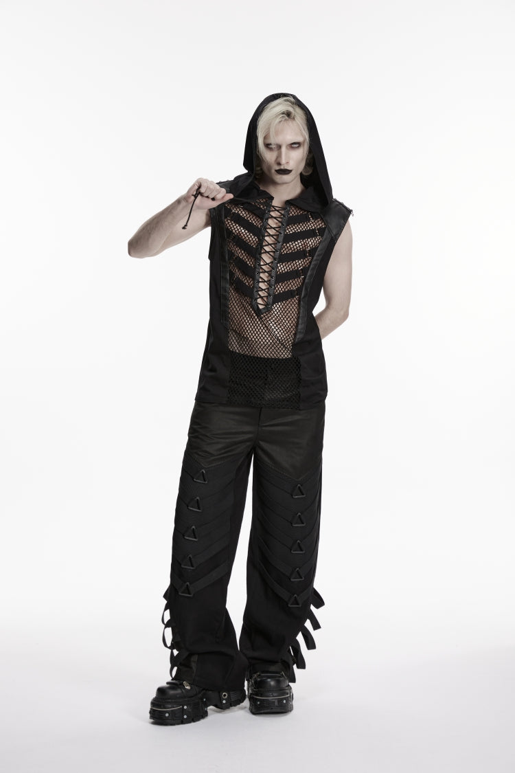 Black Multi-Layered Mesh Eyelet Men's Punk Cool Strappy Pants - Product - 9