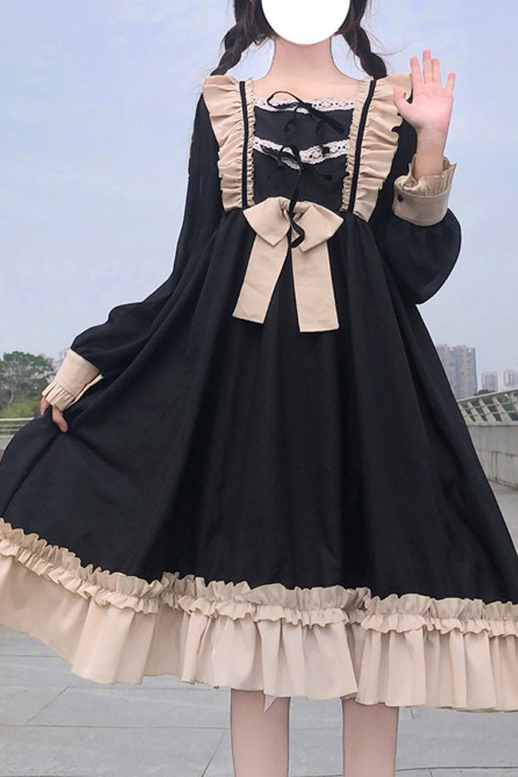 Long Sleeves Waist Bow Ruffled Sweet Lolita OP Dress - Apricot - 1