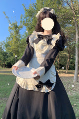 Black/White Maid Long Sleeves Ruffle Bowknot Stitching Sweet Long Lolita Dress - Product - 3