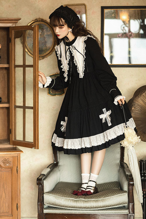 Dark Black Temple Of The Cross Doll Collar High Waisted Long Sleeves Multi-Layer Ruffled Gothic Lolita OP Dress - Product - 4