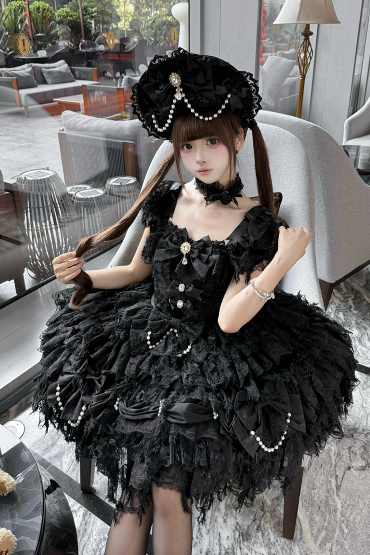 Black [Cloudborne Snowfeather] Sleeveless Multi-Layered Hanayome Bowknot Pearl Gothic Lolita Jsk Dress - Product - 2