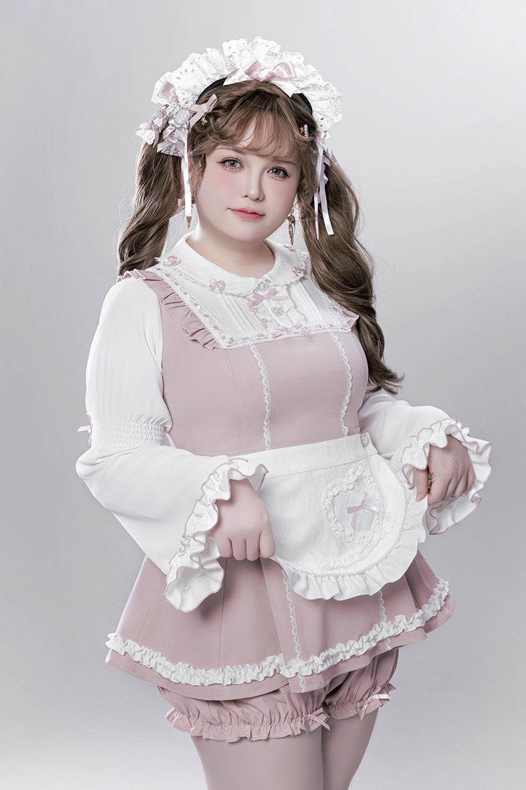 Pink/White [Showcase Doll] Japanese Maid-Style Long Sleeves Ruffle Bowknot Jirai Kei Japanese Dress Shorts Set with Detachable Apron - Product - 3