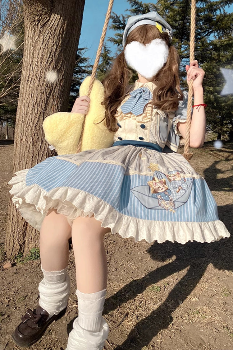 Blue/Ivory Catch The Stars Print Navy Style Sleeveless Ruffle Bowknot Sweet Lolita Dress - Product - 12