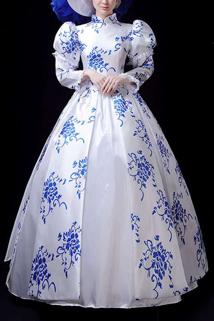 Blue/White Porcelain Printing Stand Collar High Waisted Victorian Lolita Prom Dress - Blue/White - 1