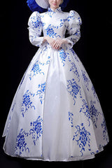 Blue/White Porcelain Printing Stand Collar High Waisted Victorian Lolita Prom Dress - Blue/White - 1