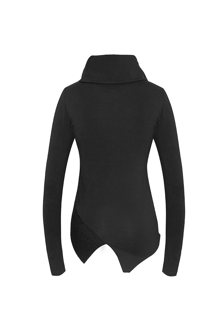 Black Worn Out Cross Shaped Hasp Long Sleeve High Collar Asymmetric Hem Women's Punk T-Shirt - Product - 9