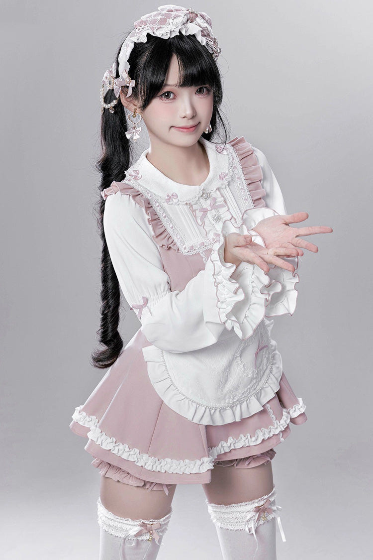 Pink/White [Showcase Doll] Japanese Maid-Style Long Sleeves Ruffle Bowknot Jirai Kei Japanese Dress Shorts Set with Detachable Apron - Product - 4