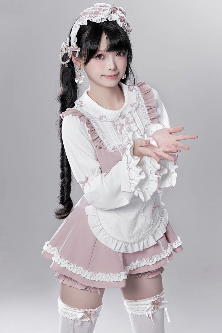 Pink/White [Showcase Doll] Japanese Maid-Style Long Sleeves Ruffle Bowknot Jirai Kei Japanese Dress Shorts Set with Detachable Apron - Product - 4