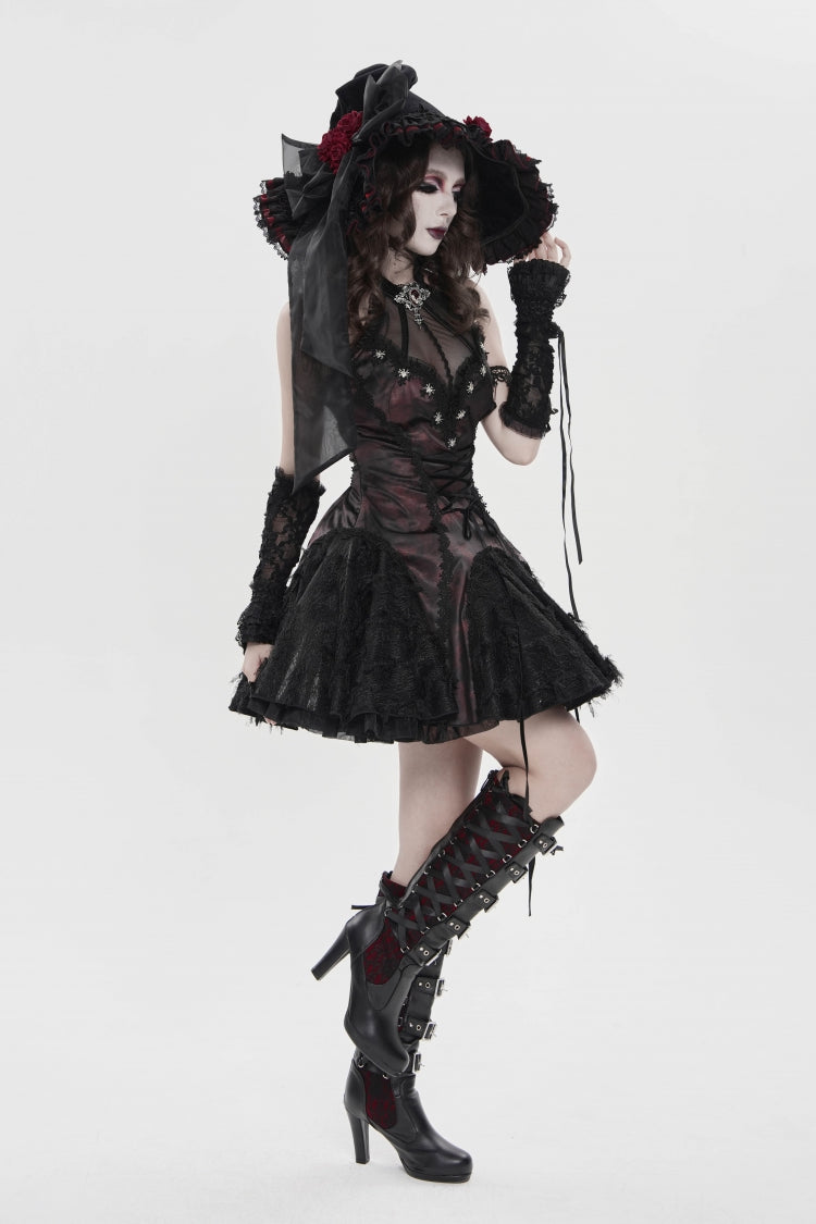 Black/Red Off Shoulder Sleeveless Printed Spliced Lace Lace-Up Pleated Women's Gothic Dress - Product - 11