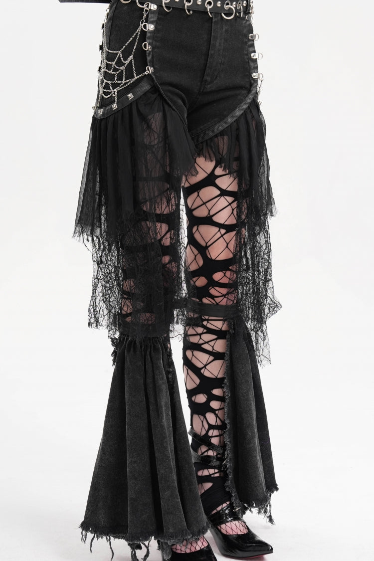 Black Chain Irregular Mesh Ripped Hem Women's Gothic Shorts - Product - 2