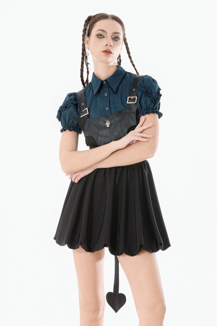 Blue Pinstripe Point Collar Short Puff Sleeves Women's Gothic Blouse with Detachable Bat Bow Tie - Product - 6