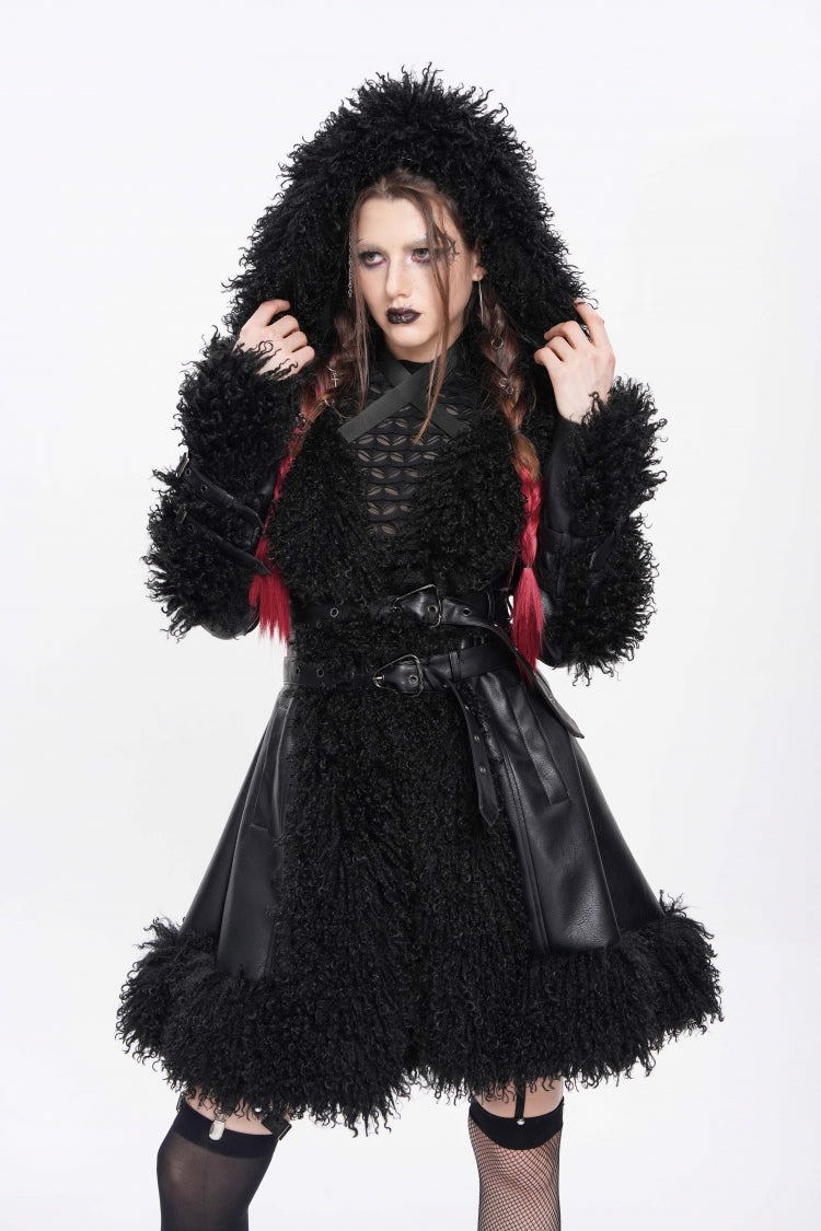 Black Long Sleeves Plush Stitching Buckle Hooded Straps Women's Punk Coat - Black - 1