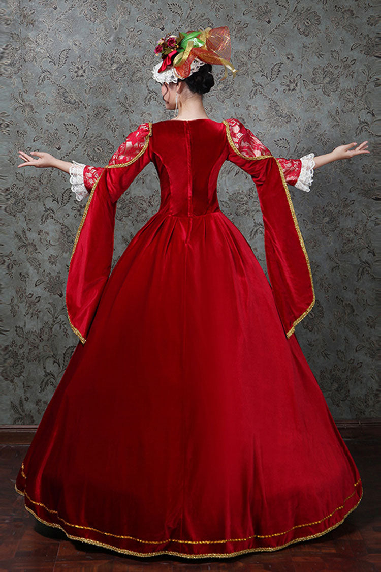 Red Hollow Embroidery Floral Print Half Sleeves High Waisted Victorian Lolita Prom Dress - Product - 4