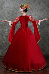 Red Hollow Embroidery Floral Print Half Sleeves High Waisted Victorian Lolita Prom Dress - Product - 4