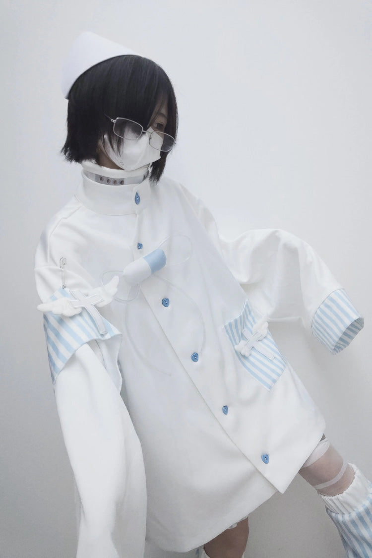 White/Blue Medical Angel Long Sleeves Print Loose Sweet Jirai Kei Japanese Set - Product - 6