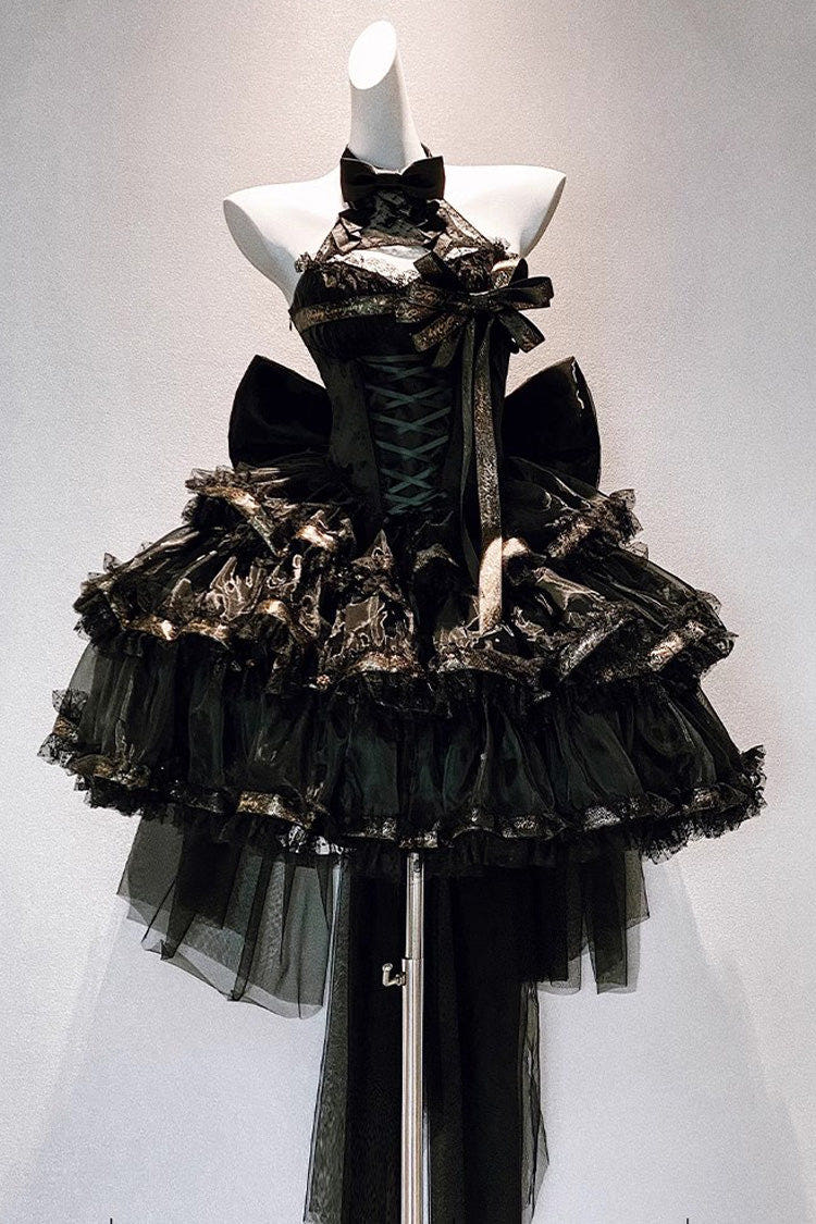 Black [First Kiss] Halterneck Triple-Layered Ruffle Lace Hot Stamping Gothic Princess Lolita Dress - Black - 1