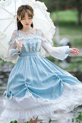 Blue Halter Neck Lantern Long Sleeves Lace Ruffled Hanayome Sweet Lolita Op Tiered Dress - Product - 5
