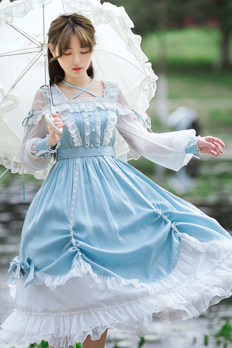 Blue Halter Neck Lantern Long Sleeves Lace Ruffled Hanayome Sweet Lolita Op Tiered Dress - Product - 5