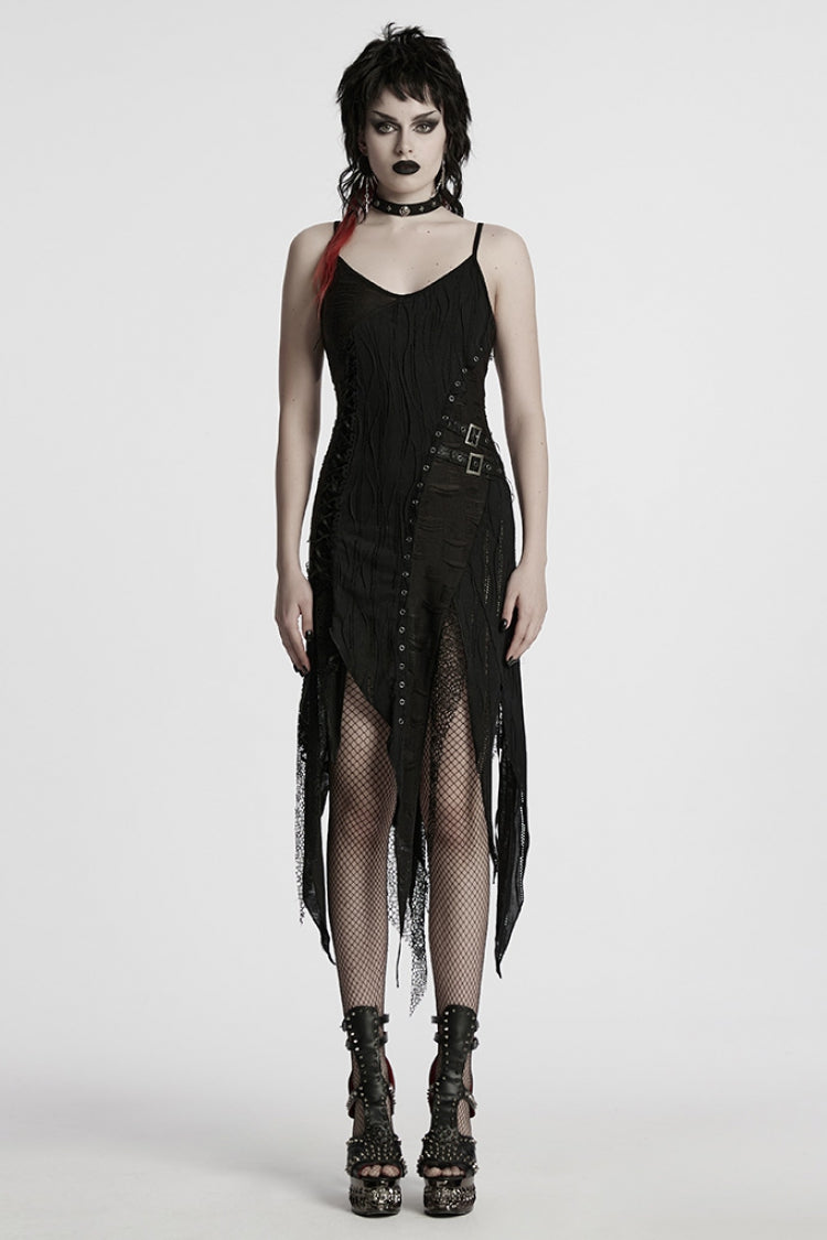 Black Sleeveless Lace Irregular Ripped Women's Gothic Party Slip Dress - Black - 1