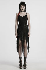 Black Sleeveless Lace Irregular Ripped Women's Gothic Party Slip Dress - Black - 1