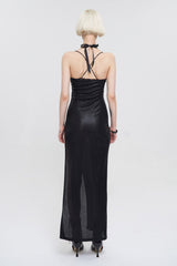 Black Chest Cutout Chain Halter Neck Lace High Slit Long Women's Punk Dress - Product - 4
