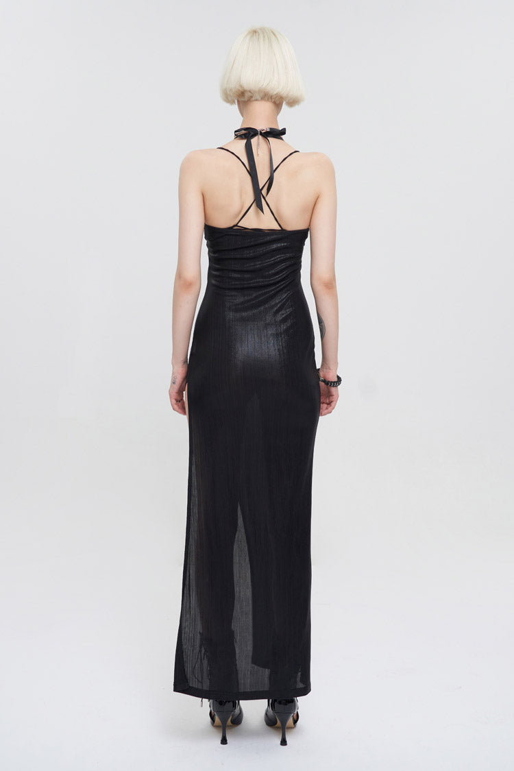Black Chest Cutout Chain Halter Neck Lace High Slit Long Women's Punk Dress - Product - 4