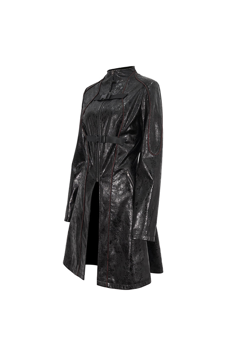 Black Double Buckle Faux Leather Long Women's Punk Coat - Product - 9