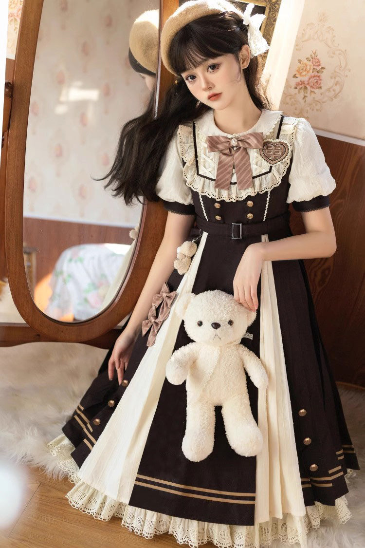 Black/White Chocolate Workshop Long Version Elegant Short Puff Sleeves Sweet Lolita Dress (Plus Size Version) - Product - 5