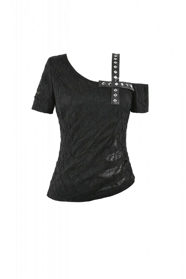 Black Off Shoulder Short Sleeves Studded Cross Straps Asymmetric Women's Punk Top - Product - 3