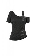 Black Off Shoulder Short Sleeves Studded Cross Straps Asymmetric Women's Punk Top - Product - 3
