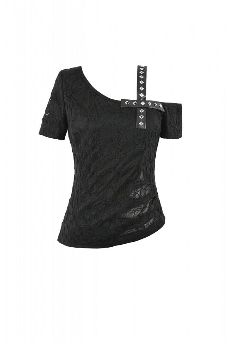 Black Off Shoulder Short Sleeves Studded Cross Straps Asymmetric Women's Punk Top - Product - 3