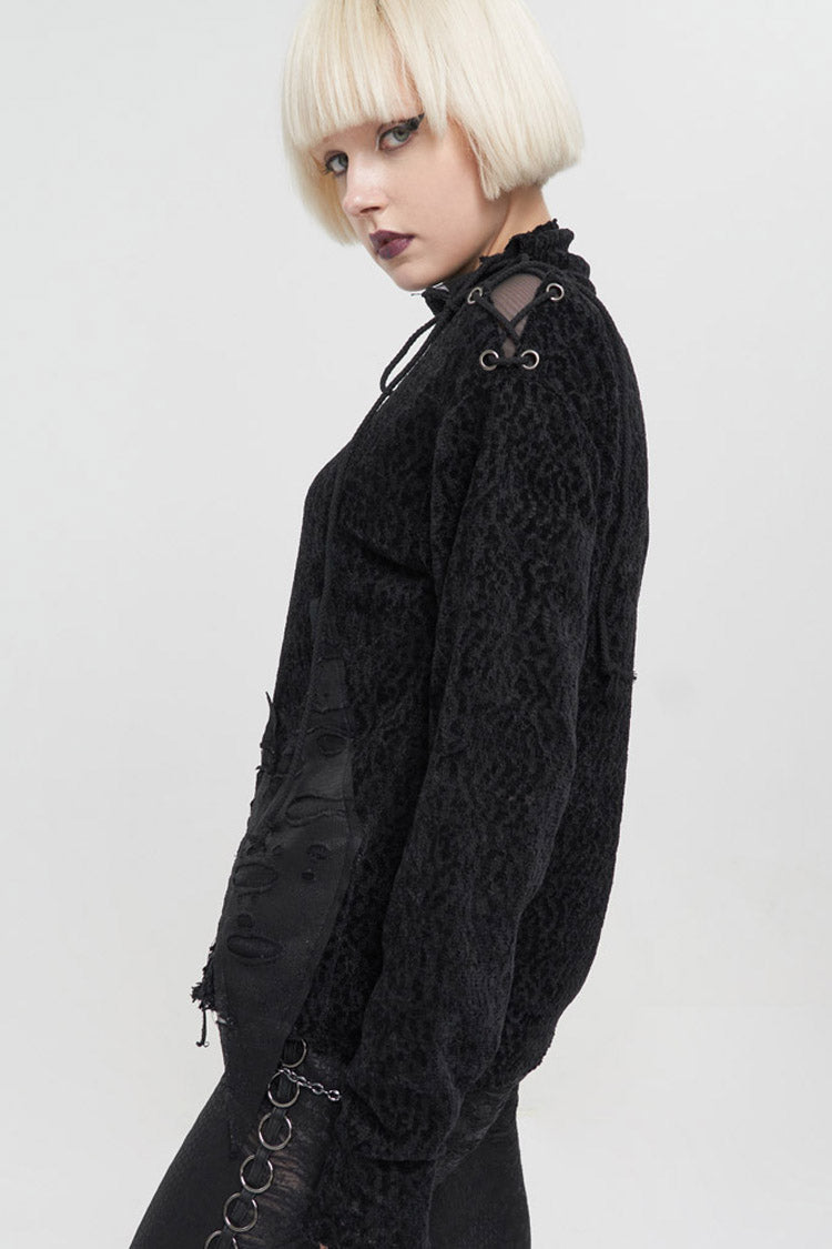 Black Wool Fabric Distressed Stitching Irregularly Pointed Hem Decadent Wind Long Sleeve Women's Punk Sweater - Product - 2