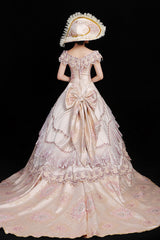 Pink Boat Neck High Waisted Hollow Embroidery Floral Print Multi-Layer Victorian Lolita Prom Dress - Product - 3