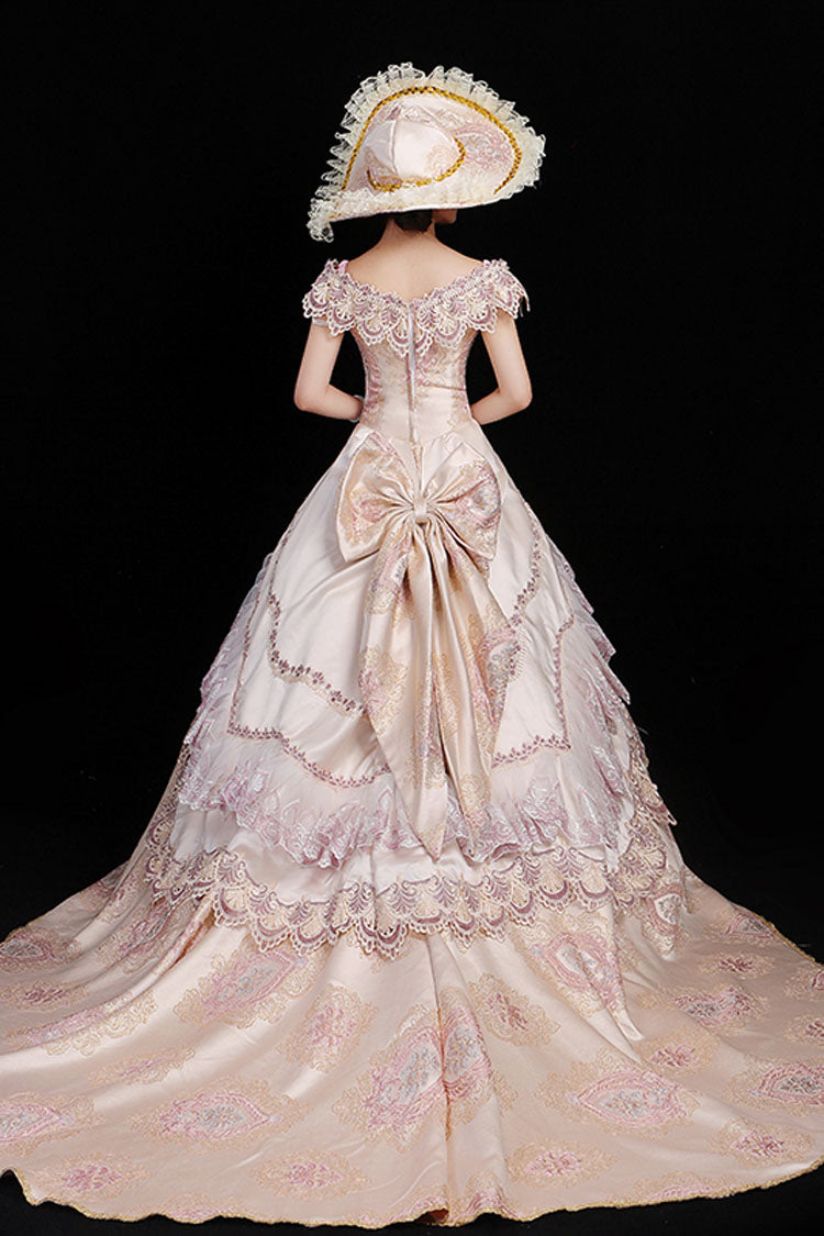 Pink Boat Neck High Waisted Hollow Embroidery Floral Print Multi-Layer Victorian Lolita Prom Dress - Product - 3