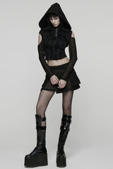 Black Stand Collar Sleeveless Hooded Zipper Pleated Women's Punk Short Vest - Product - 4
