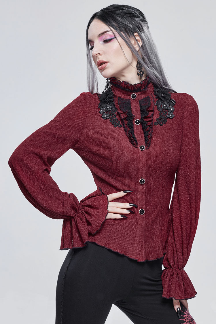 Red Lace High Neck Three Dimensional Embroidered Lantern Trumpet Sleeves Women's Gothic Shirt - Product - 2