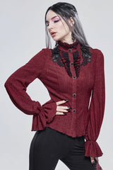 Red Lace High Neck Three Dimensional Embroidered Lantern Trumpet Sleeves Women's Gothic Shirt - Product - 2