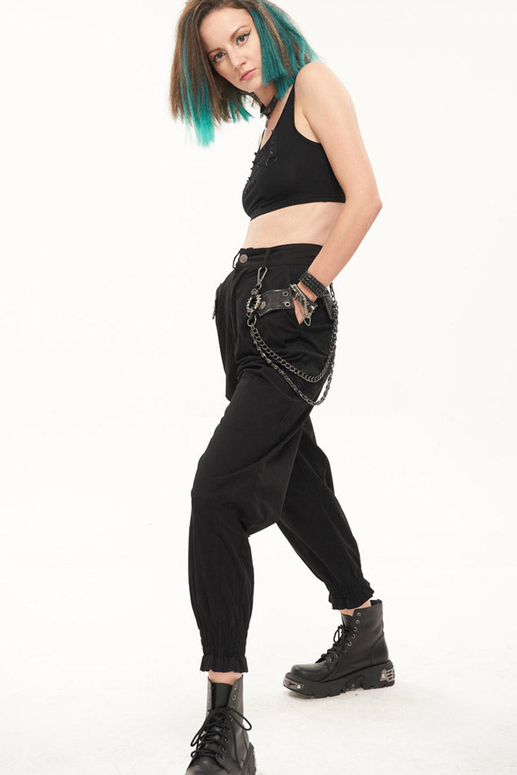 Black Punk Cutout Leather Splicing Detachable Metal Chain Women's Long Pants - Product - 8