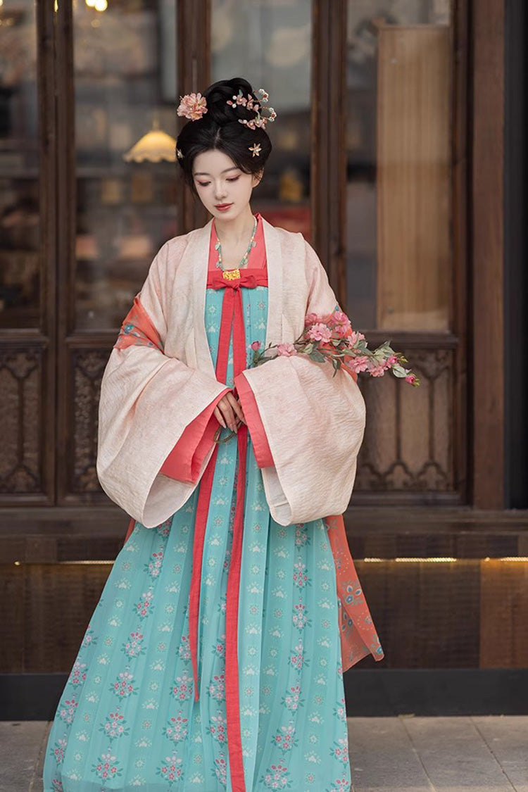 Green [Peach Blossoms and Spring] Long Sleeves Print Embroidery Classic Hanfu Dress - Product - 3
